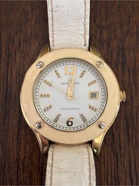 Anne Klein Gold and White Leather Strap Crystal Accent Watch